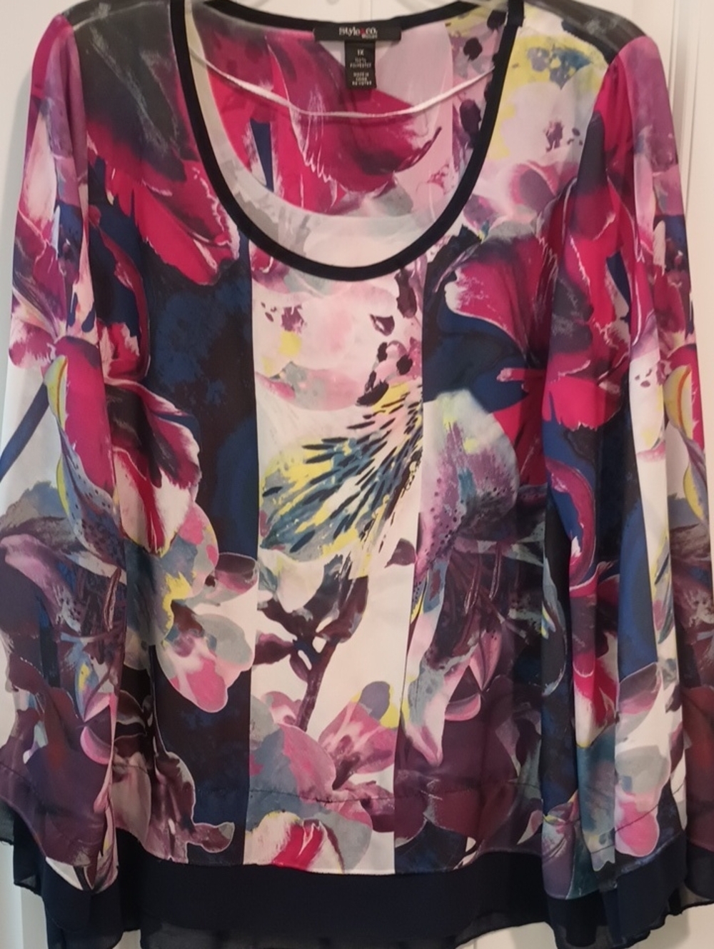 Style & Co. Pink And Black Floral Sheer Layered Blouse - 1X - Picture 11 of 11